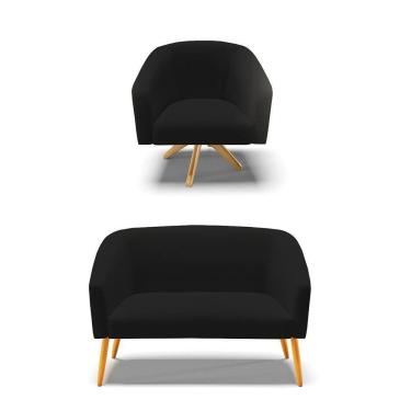 Imagem de Kit 1 Namoradeira E 1 Poltrona Base Madeira A79 Preto