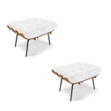 Imagem de Kit 02 Puffs Costela Corano Branco Base Metálica Preto