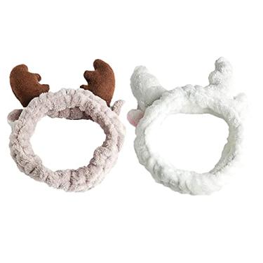 Imagem de Faixa de cabelo feminina de chifre de veado para mulheres, meninas, lavando o rosto, maquiagem, faixas de cabelo de lã coral macio e elástico para cuidados com a pele, presente de alce de Natal