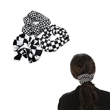 Imagem de Búfalo xadrez Scrunchies Faixas de cabelo elásticas para mulheres meninas quadriculado Prendedor de cabelo preto e branco acessórios de cabelo xadrez para mulheres meninas suportes de rabo de cavalo