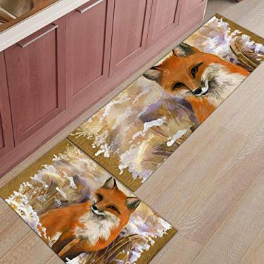 Imagem de Tapete de corredor de cozinha, animal selvagem pintura de raposa marrom laranja tapete antiderrapante tapete de porta tapete para lavanderia quarto banheiro conjunto de 2