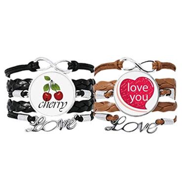 Imagem de Pulseira de mão com cordão de couro e coração rosa para dia dos namorados, conjunto duplo com pulseira de amor cereja
