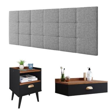 Imagem de Kit Quarto Penteadeira Suspensa Gloss Mesinha Lateral Estilo Preto|Freijó Cabeceira Cam...