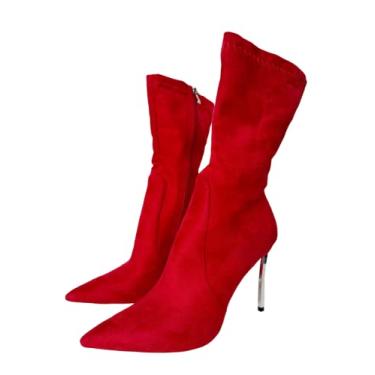Imagem de Frankie Hsu Botas de salto alto Stiletto, vermelho sexy, tecido elástico, camurça sintética, salto alto, grande, grande, moda, salto alto, bota feminina, Vermelho, 9.5
