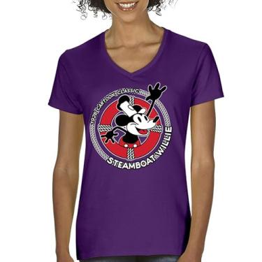 Imagem de Camiseta feminina Steamboat Willie Life Preserver gola V engraçada clássica desenho animado praia Vibe Mouse in a Lifebuoy Silly Retro Tee, Roxa, M
