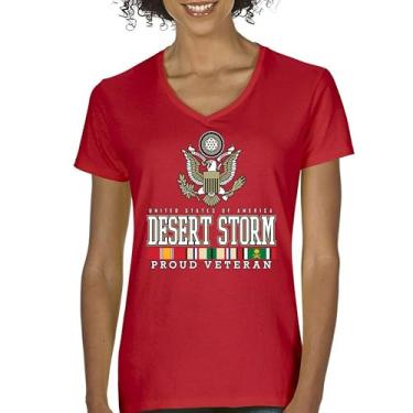 Imagem de Camiseta feminina Desert Storm Proud Veteran com decote em V American Army Gulf War Operation Served DD 214 Veterans Day Patriot Tee, Vermelho, XXG