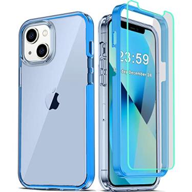 Imagem de COOLQO Capa compatível com iPhone 14 Plus de 6,7 polegadas, com [2 x protetor de tela de vidro temperado] cobertura total transparente 360 PC rígido + silicone macio 3 em 1 capa protetora para telefone azul