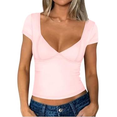 Imagem de Zeagoo Camiseta feminina 2024 sexy decote V profundo manga curta slim fit costas nuas lindo espartilho Y2k Cami Top, rosa, G