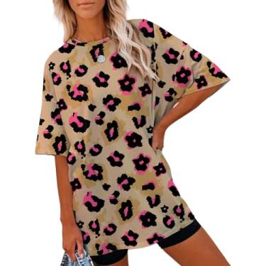 Imagem de Wyeysyt Camisetas femininas com estampa de leopardo de tamanho grande, túnica de verão, casual, manga curta, gola redonda, Caqui, P