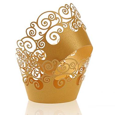 Imagem de Embalagem com 100 lenços de cupcake KPOSIYA Cupcake Wraps Filigrana Artistic Bake Paper Cup Little Vine Laser Cut Liner Baking Cups Holder Muffin Case Trays for Wedding Party Birthday Decoration, Dourado, 100