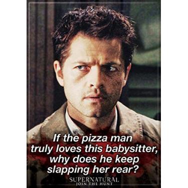 Imagem de Ata-Boy Ímã sobrenatural - Castiel Pizza 6,3 cm x 9 cm ímã para geladeiras, quadros brancos e decorações de armários