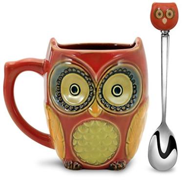 Imagem de Caneca de café SQOWL engraçada coruja fofa cerâmica caneca de café com colher de chá conjunto para mulheres e meninas 340 g ciano, Vermelho, 12 ounce