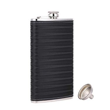 Imagem de TOX TANEAXON 340 g 3D couro preto bolso Whiskey licor couro cantil com funil e caixa - aço inoxidável e à prova de vazamento