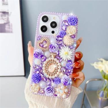 Imagem de Capa de telefone garrafa com strass flor rosa para iphone 15 14 pro max 13 12 11 x xr xs 8 plus, roxo, para iphone 15pro max