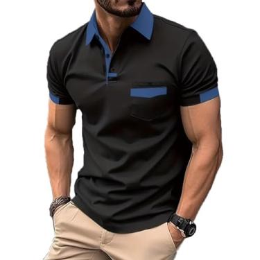 Imagem de ROOMLINE Camisa polo masculina 2024 manga curta casual camisa polo color block camisas de golfe slim fit com bolso, Colarinho azul misto preto, 3G