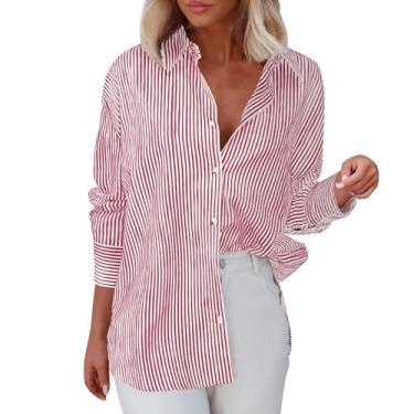 Imagem de Camiseta feminina listrada abotoada gola V camiseta clássica manga longa blusas grandes elegantes, Vermelho, P