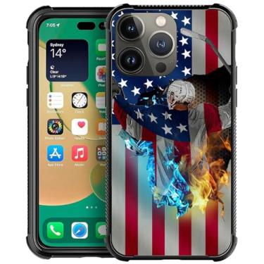 Imagem de DJSOK Capa compatível com iPhone 14 Pro, design com estampa de bandeira dos EUA de hóquei no gelo e fogo, capa para iPhone 14 Pro, para canto antiqueda e presente à prova de choque para homens e