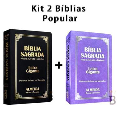 Imagem de Kit 2 Biblias Sagrada Letra Gigante Luxo Popular - Preta e Lilas- Com 