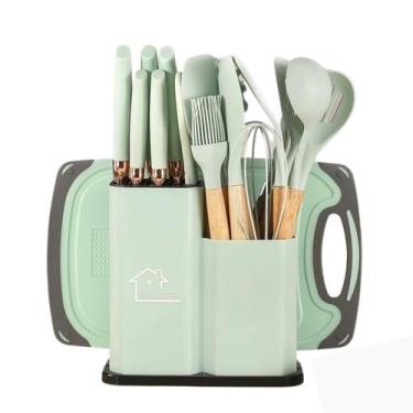 Imagem de Kit Utensilios Silicone 19 pçs cabo de madeira s/ BPA Verde - BH Impor