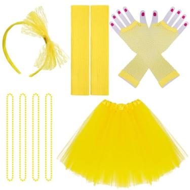 Imagem de jiebor Acessórios de fantasia dos anos 80 para mulheres, saia tutu, faixa de cabeça, polainas arrastão e luvas, colar, festa de Halloween, Amarelo, One Size