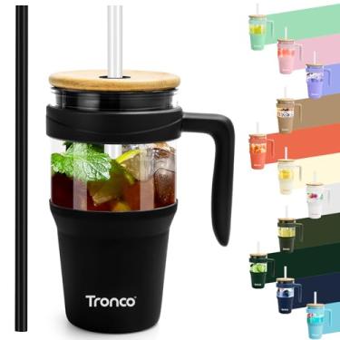 Imagem de Copo de vidro Tronco, 950 ml, com alça, canudo e tampa de bambu, cabe no porta-copos, copo para café gelado e smoothie, sem BPA, próprio para lava-louças (preto)