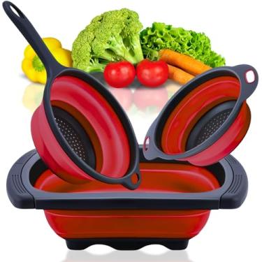 Imagem de Conjunto de 3 coadores de alimentos vermelhos para cozinha - pequeno escorredor dobrável para macarrão e espaguete multifuncional de silicone coador dobrável para acampamento