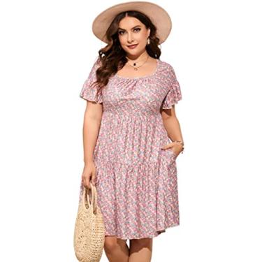 Imagem de Vestido plus size feminino plus size floral decote V manga curta comprimento até o joelho mini vestidos evasê, Flor rosa e roxa, 3G