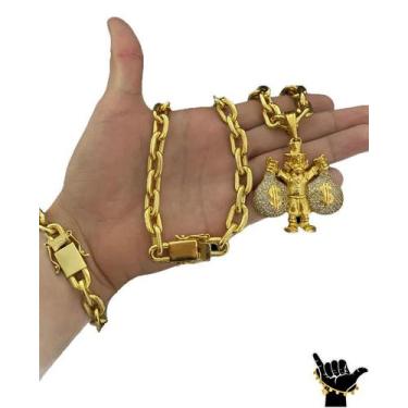 Imagem de Corrente Cadeado 14mm + Pulseira + Pingente - Banhado a Ouro - ToJoia1