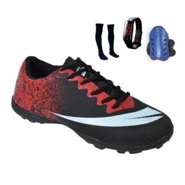 Imagem de Chuteira Society Adulto Infantil com Meião Caneleira e Relogio New - P