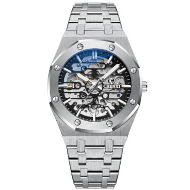 Imagem de Verhux Relógios de pulso automáticos masculinos esqueleto dourado, mecânico, clássico, original, de aço inoxidável, à prova d'água, preto, prateado, 8848 relógios masculinos prateados e pretos