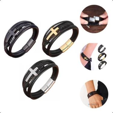 Imagem de Pulseira Bracelete de Couro Trançado com Cruz de Aço Inox - Pexinxaria