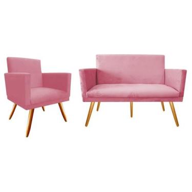 Imagem de Kit Namoradeira + 1 Poltrona Decorativa Nina Suede Rosa Pés Madeira Mz