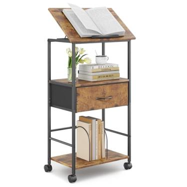 Imagem de HOMEKOKO Estante de 3 camadas com tampa flip ajustável, estante móvel industrial para sala de estar, prateleira rústica com gaveta, estante rústica de madeira e metal (marrom rústico)