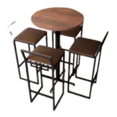 Imagem de Conjunto Mesa Alta Bar Bistrô Redonda Imbuia 4 Banquetas Confort Estofado Industrial Black (MARROM)