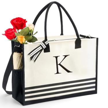Imagem de BeeminDrop Sacolas de lona com inicial, presentes de aniversário personalizados com monograma para mulheres, mães, professoras, praia, sacolas, letras, Branco, One Size, Listra K