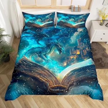 Imagem de Conjunto de capa de edredom de dragão voador, tamanho casal, estampa de livro mágico, para crianças, adolescentes, vintage, castelo de meados do século, capa de edredom neon ardente, capa de edredom,