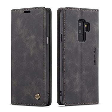 Imagem de Capa carteira para Samsung Galaxy S9 Plus, capa protetora flip com suporte magnético de couro estilo retrô com compartimentos para documentos e cartões de crédito para Samsung Galaxy S9+ Plus, Preto
