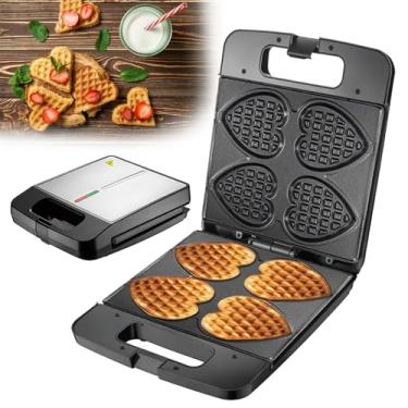 Imagem de Máquina de waffle em forma de coração, aquecimento frente e verso, quatro formas de waffle de 10 cm, bandeja pequena antiaderente de 1400 W com luz de exibição, sanduicheira, torradeira de café da