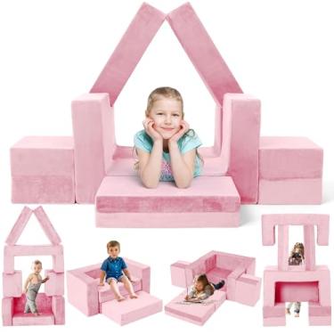Imagem de OSYKIU Sofá infantil para sofá, 7 peças, modular, veludo rosa, conversível, moderno, sofá infantil