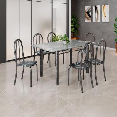 Imagem de Conjunto de Mesa Tubular 140x75cm Tampo em Granito Topázio com 6 Cadeiras Iris B Preto Floral / Mart Prata
