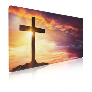Imagem de Christ Cross Mouse Pad Gaming Sunset Mousepad Tapete de mesa, tecido suave para controle de fluidos, base de borracha antiderrapante ultraestável, bordas costuradas (80 x 39,9 cm)