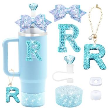 Imagem de Liangang Conjunto de acessórios de copo Stanley azul de 7 peças para copo Stanley 850 g 1,134 g, incluindo pingente de letra, tampa à prova de derramamento, canudo de diamante, canudo de laço, bota de