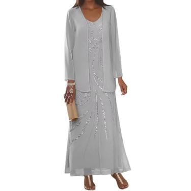 Imagem de 2 peças de lantejoulas para mãe da noiva vestidos para casamento com jaqueta de contas vestido de convidada de casamento manga comprida vestido de noite, Prata, 16 Plus
