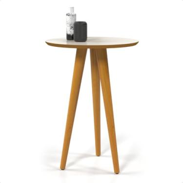 Imagem de Mesa Lateral Redonda Pés Palito Madeira Retrô Sala Quarto Canto Apoio Sofá Decoração Pequena Moderna(Off White/Freijó)