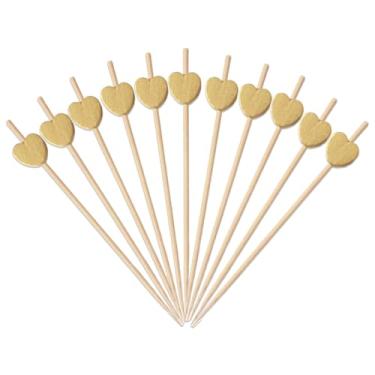 Imagem de 100 palhetas de coquetel de 12 cm espeto de frutas de bambu para aperitivos extravagantes palitos de casamento aniversário churrasco suprimentos para festa decoração de cupcake (formato de coração