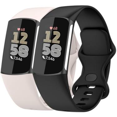 Imagem de Nacorulu Compatível com pulseiras Fitbit Charge 6/Fitbit Charge 5, pulseira de substituição de silicone macio para mulheres e homens, pacote com 2 (preto_lua, branco, pequeno (14 a 19,8 cm)