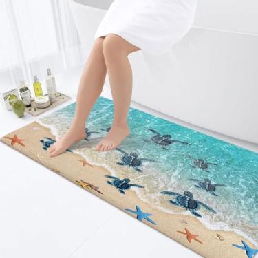 Imagem de JAWO Tapetes temáticos Turtle Ocean Beach - Tapetes de banheiro de tartaruga marinha com conchas e estrelas do mar - Absorvente para cozinha, quarto, sala de estar (43 x 122 cm)