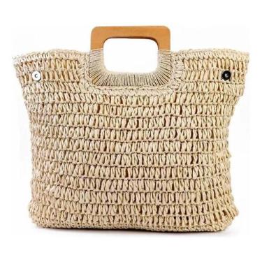 Imagem de Bolsa Praia Feminina Palha Natural Alça Madeira Transversal, Bege