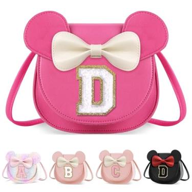 Imagem de XSUIOY Bolsa infantil para meninas, presente de aniversário para crianças, bolsa infantil com inicial personalizada, lindo laço de orelha, presente de menina, Grande-rosado-branco, D, D
