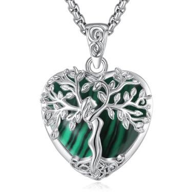 Imagem de EUDORA Colar de coração árvore da vida malaquita para mulheres cobre banhado a prata, pingente de árvore mãe deusa, joias de cristal, presentes de meditação de ioga para mulheres, mães, mãe, esposa